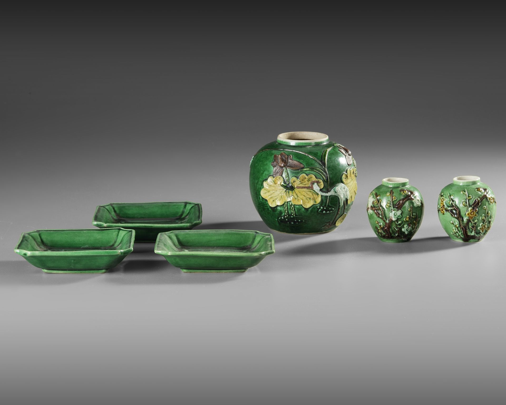A COLLECTION OF CHINESE THREE JARS AND SAUCERS, 18TH-19TH CENTURY AND LATER