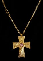 A LARGE PECTORAL CROSS IN PALE GOLD WITH A CHAIN, BYZANTINE, 6TH-7TH CENTURY AD