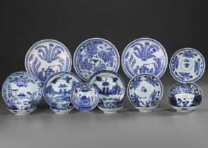 A COLLECTION OF CHINESE BLUE AND WHITE FIVE CUPS AND SIXTEEN SAUCERS, 18TH CENTURY AND LATER