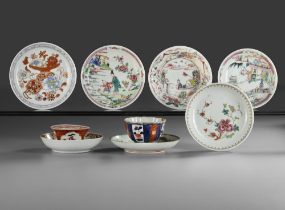 A COLLECTION OF CHINESE IMARI/ FAMILLE ROSE TWO CUPS AND SEVEN SAUCERS, 18TH CENTURY