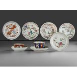A COLLECTION OF CHINESE IMARI/ FAMILLE ROSE TWO CUPS AND SEVEN SAUCERS, 18TH CENTURY