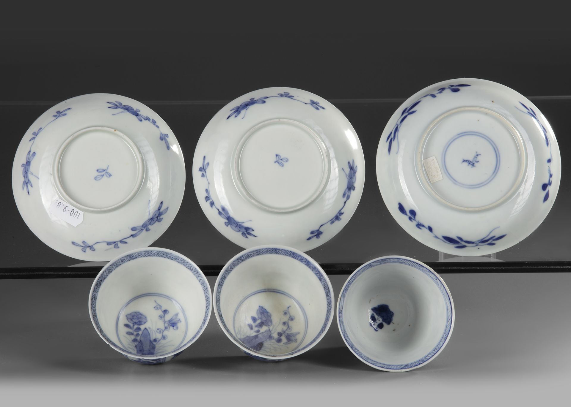 THREE CHINESE BLUE AND WHITE CUPS AND SAUCERS, 18TH CENTURY - Image 3 of 3