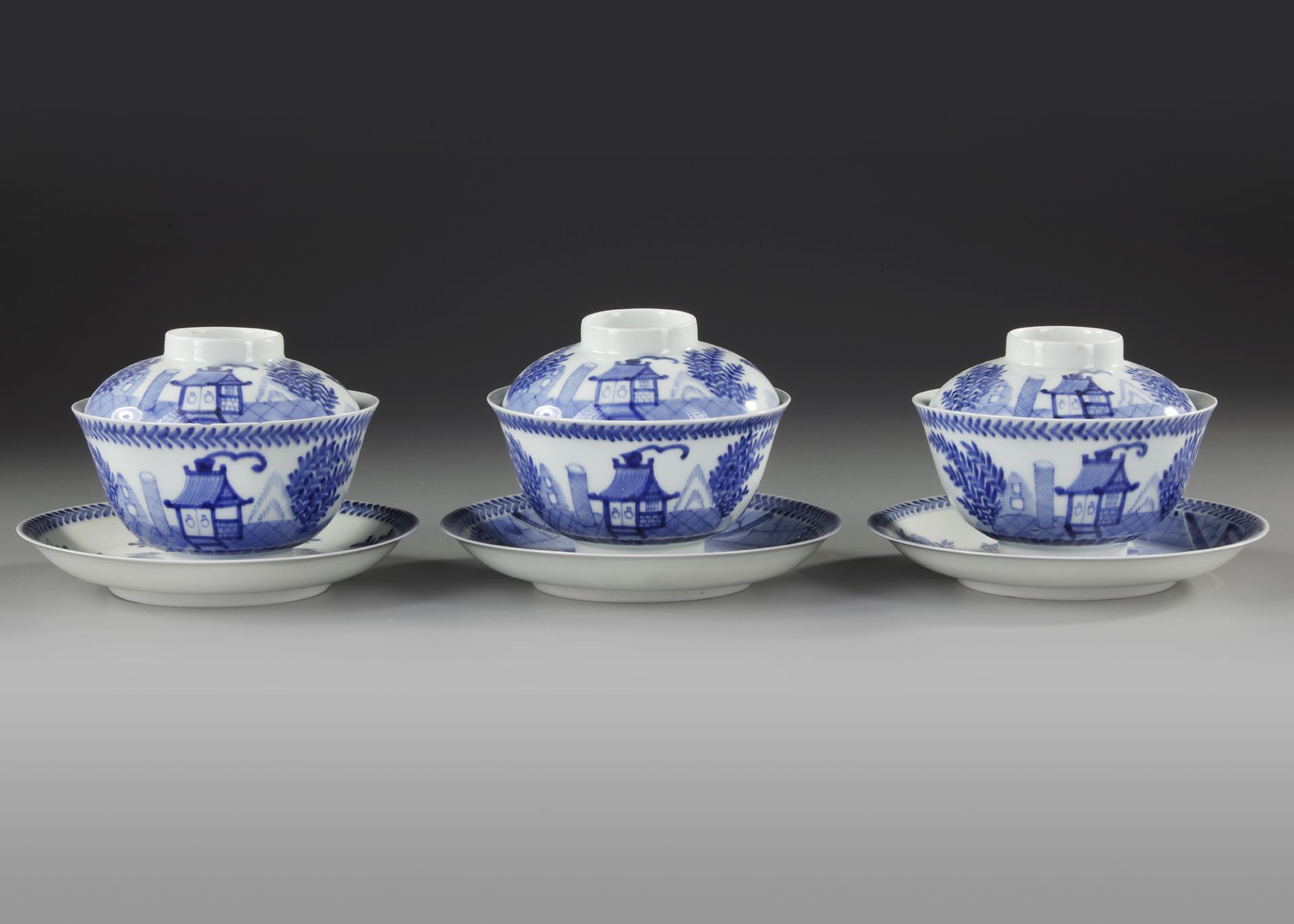 THREE CHINESE BLUE AND WHITE 'CUCKOO IN THE HOUSE' BOWL, COVERS AND SAUCERS, 18TH-19TH CENTURY - Image 2 of 4