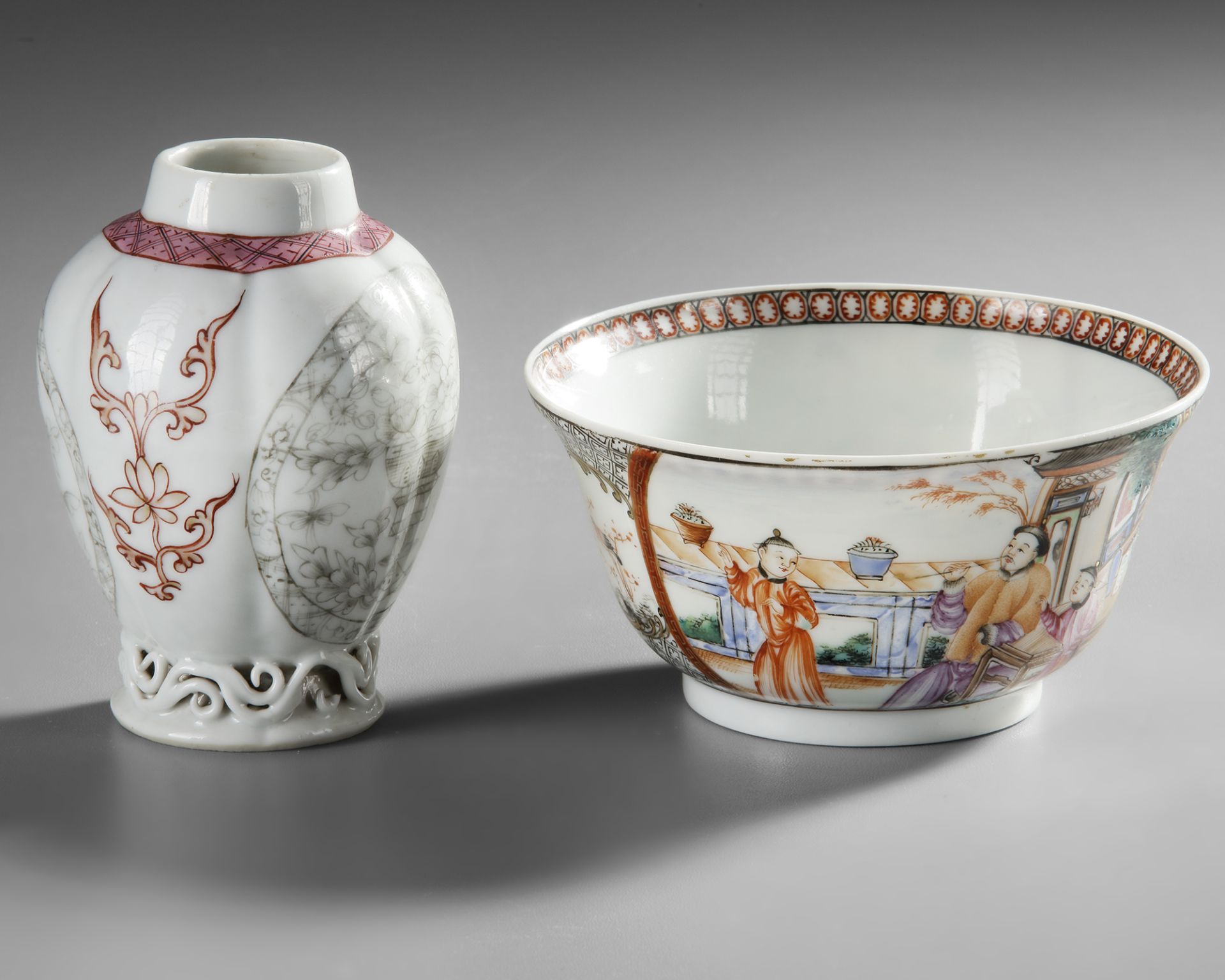 A CHINESE FAMILLE ROSE TEA CADDY AND BOWL, 18TH CENTURY