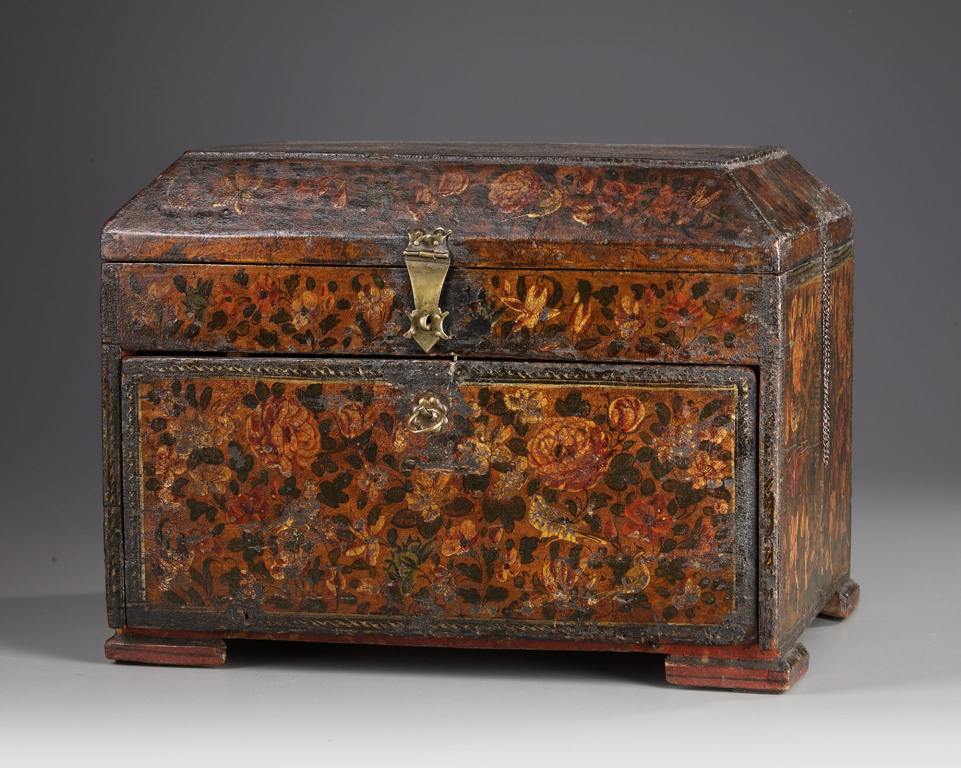 A PERSIAN WOODEN CHEST WITH DRAWERS