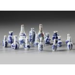 A COLLECTION OF 16 BLUE AND WHITE MINIATURE VASES, KANGXI/ QIANLONG PERIOD