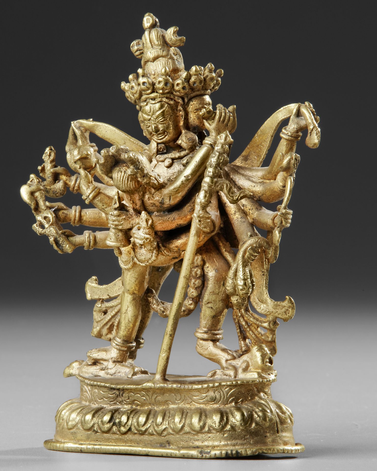 A SINO-TIBETAN GILT BRONZE FIGURE OF KAPALADHARA HEVAJRA, LATE 18TH CENTURY