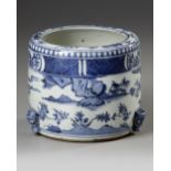 A CHINESE BLUE AND WHITE TRIPOD CENSER, MING DYNASTY (1368-1644) OR LATER