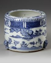 A CHINESE BLUE AND WHITE TRIPOD CENSER, MING DYNASTY (1368-1644) OR LATER