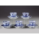 FIVE CHINESE BLUE AND WHITE 'CUCKOO IN THE HOUSE' CUPS AND SAUCERS, 18TH CENTURY