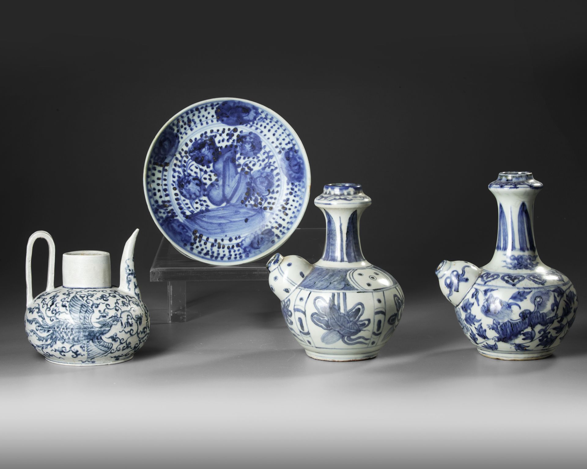 FOUR CHINESE BLUE AND WHITE WARES, MING DYNASTY (1368-1644)