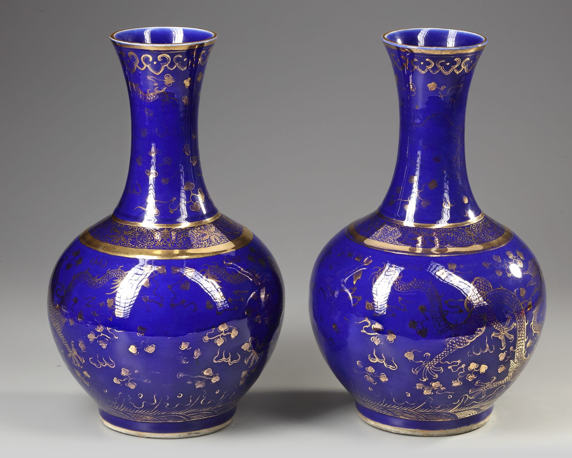 A PAIR OF CHINESE GILT POWDER-BLUE BOTTLE VASES, LATE 19TH-EARLY 20TH CENTURY - Image 2 of 4