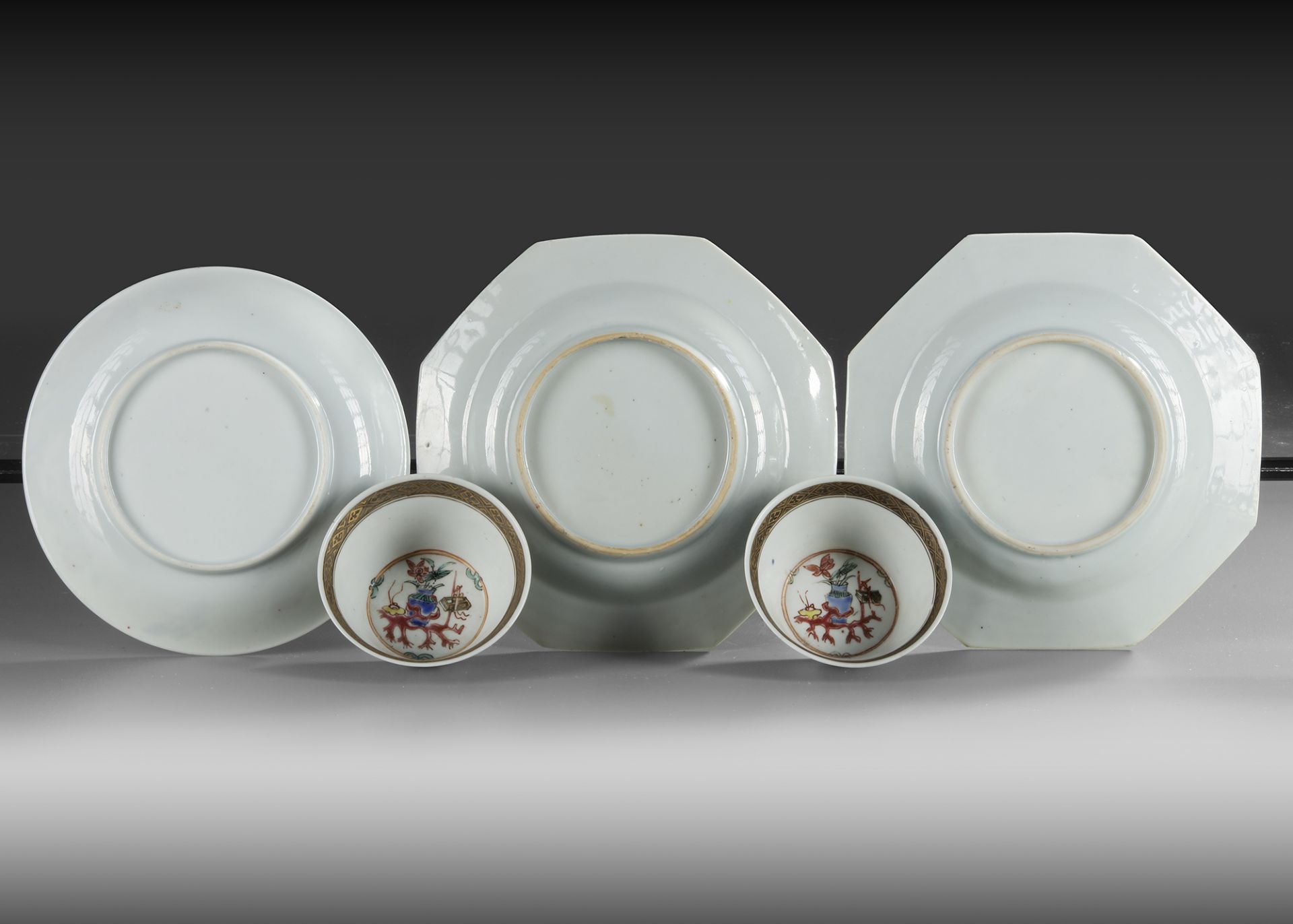 TWO CHINESE FAMILLE ROSE CUPS AND THREE SAUCERS, 18TH CENTURY - Image 2 of 3
