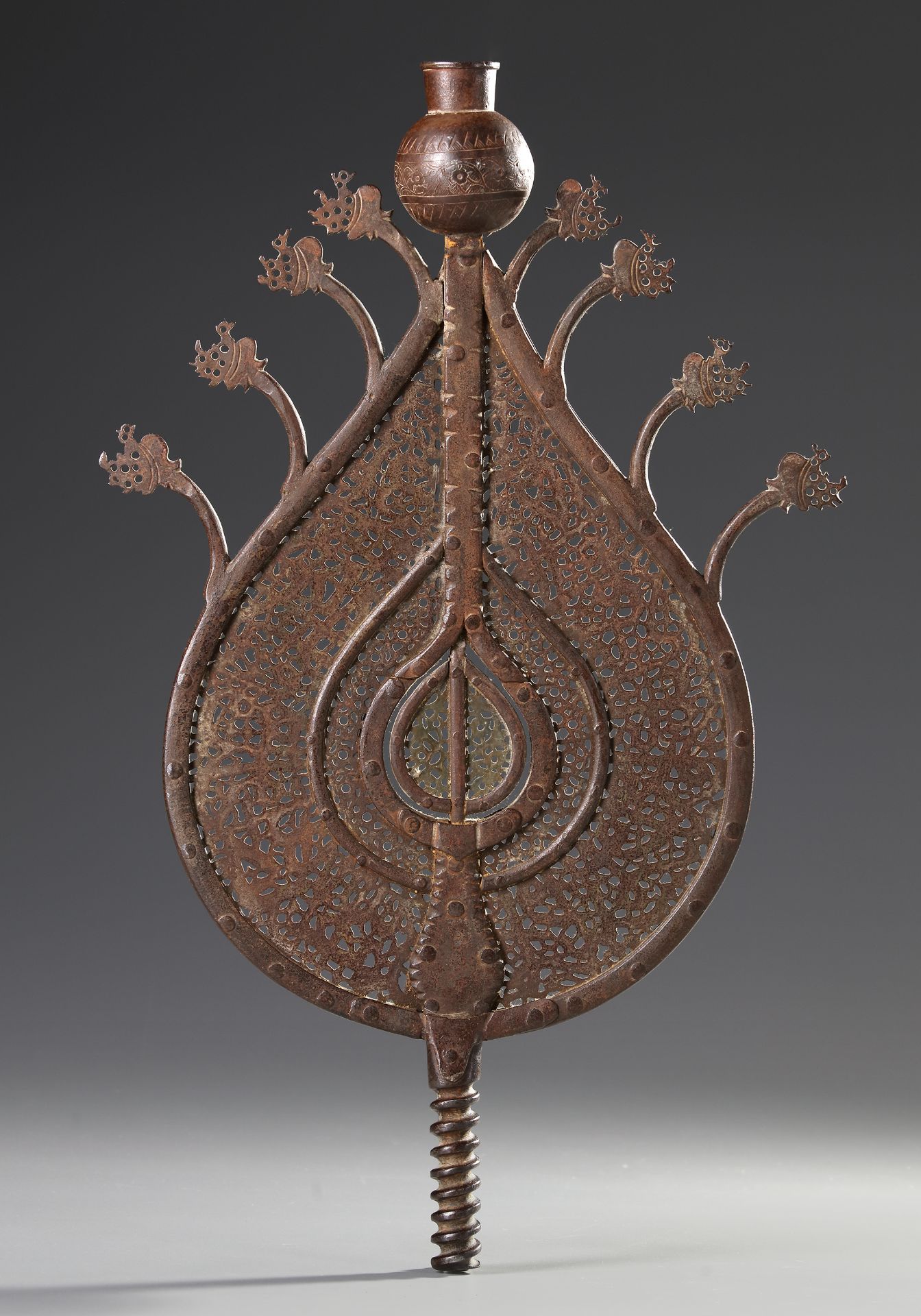 AN EARLY SAFAVID PIERCED BRONZE PROCESSIONAL STANDARD (ALAM), PERSIA, DATED 924 AH/1518 AD