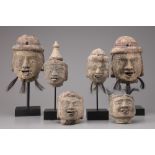 SIX BURMESE WOODEN PUPPETS HEADS, 20TH CENTURY