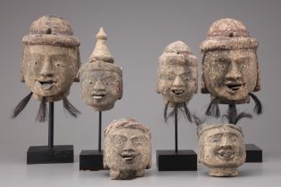 SIX BURMESE WOODEN PUPPETS HEADS, 20TH CENTURY