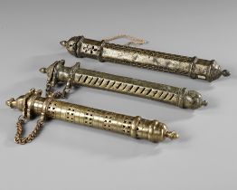 THREE BRASS SCROLL HOLDERS, INDIA, EARLY 20TH CENTURY