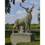 A LARGE AND IMPRESSIVE SCULPTED LIMESTONE AND ANTLER MOUNTED MODEL OF A STAG, LATE 20TH CENTURY