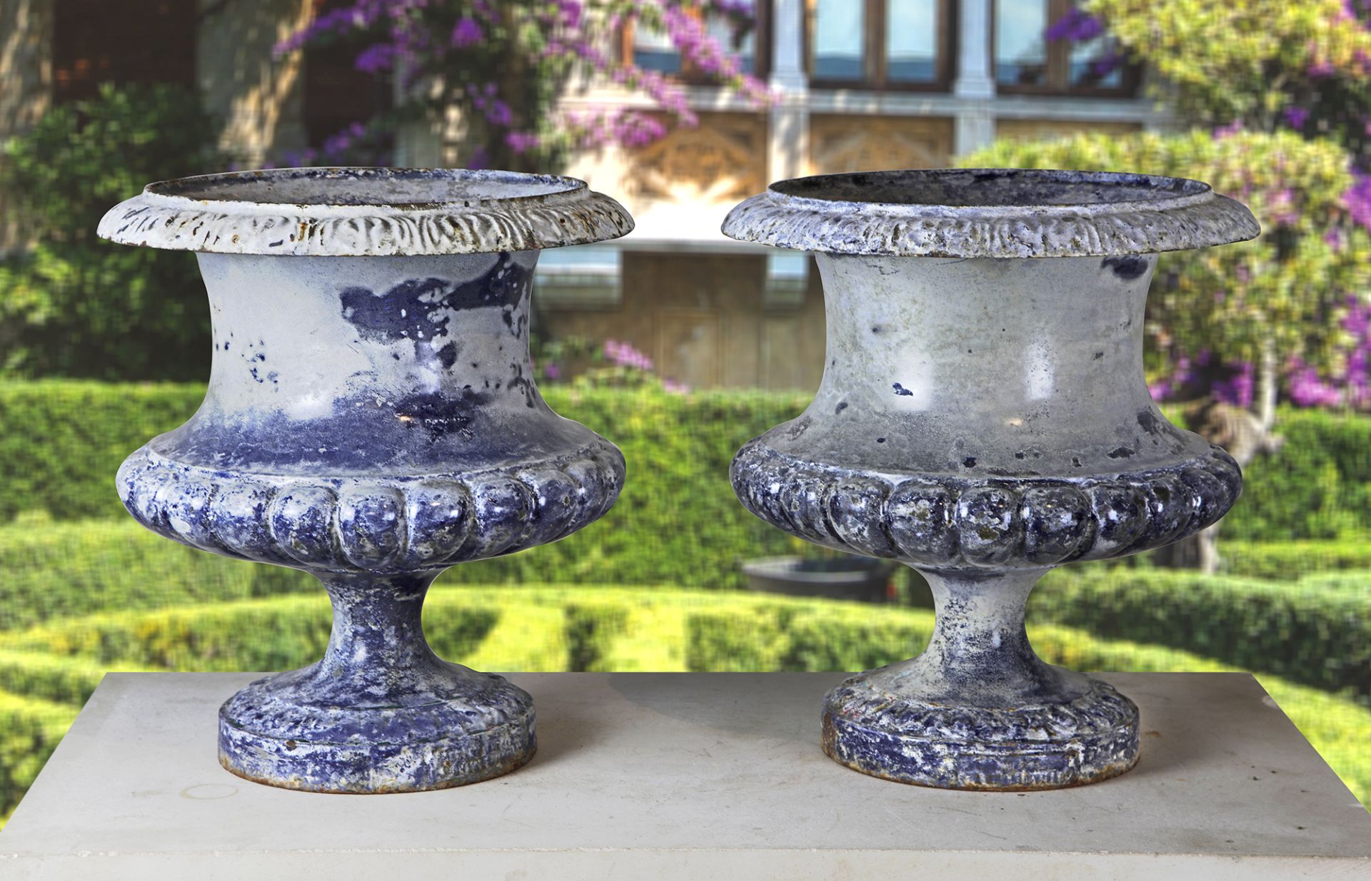 A PAIR OF FRENCH BLUE ENAMELLED CAST IRON PLANTERS LATE 19TH CENTURY BY FONDERIE CORNEAU ALFRED, CHA