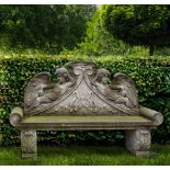 A CARVED LIMESTONE GARDEN BENCH IN LOUIS XVI STYLE, SECOND HALF 20TH CENTURY