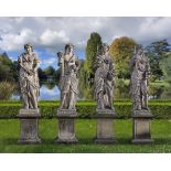 A SET OF FOUR SCULPTED LIMESTONE MODELS OF MAIDENS REPRESENTING THE FOUR SEASONS, LATE 19TH OR EARLY