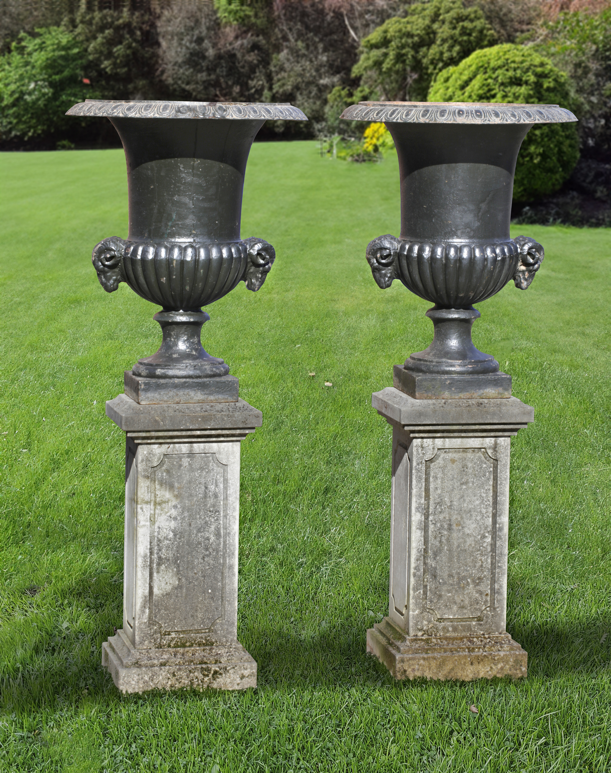 A PAIR OF CAST IRON CAMPANA URNS, 19TH CENTURY