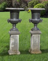 A PAIR OF CAST IRON CAMPANA URNS, 19TH CENTURY