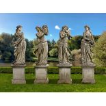 A SET OF FOUR SCULPTED LIMESTONE MODELS OF MAIDENS REPRESENTATIVE OF THE ARTS, SECOND HALF 20TH CENT