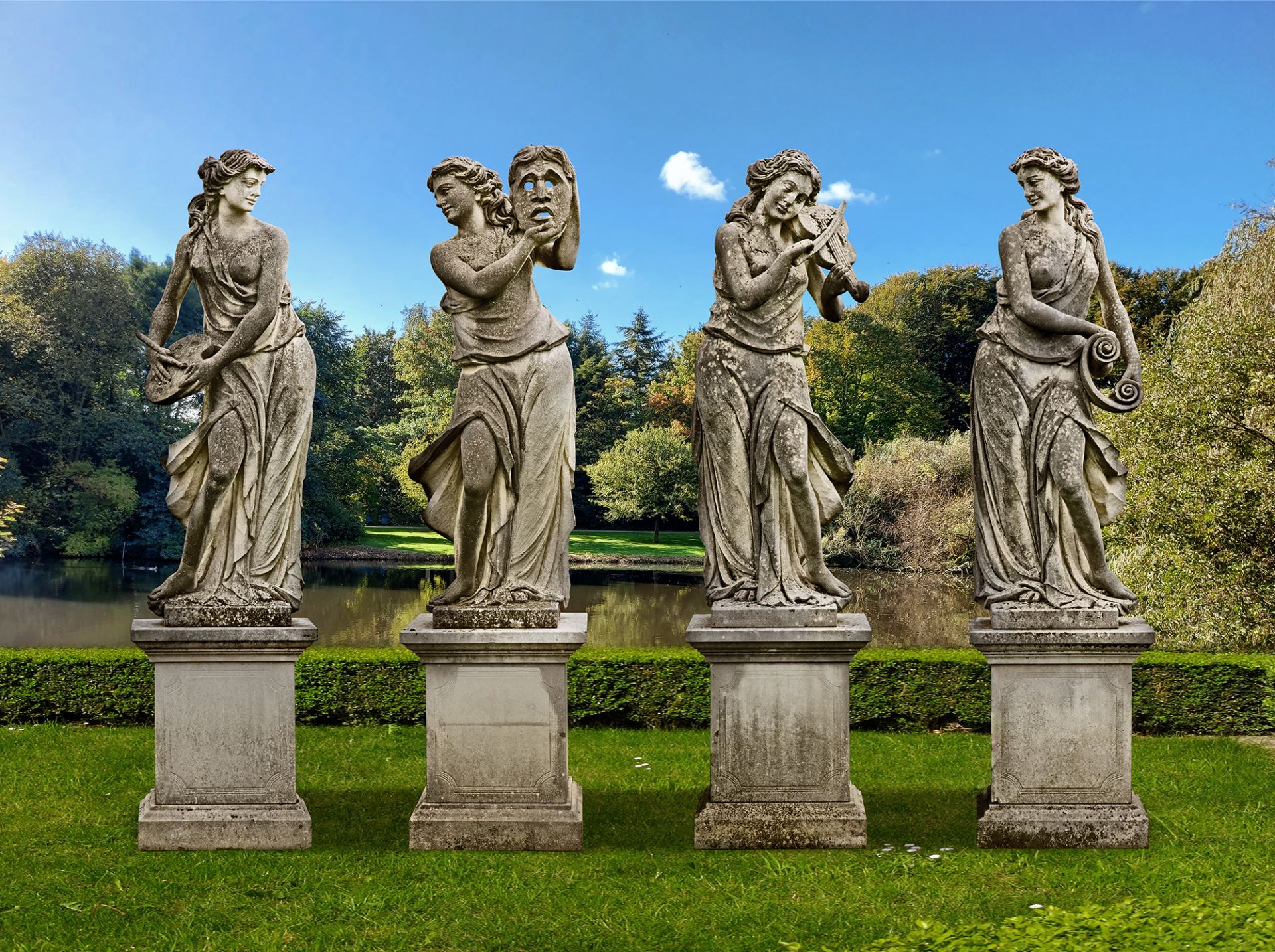 A SET OF FOUR SCULPTED LIMESTONE MODELS OF MAIDENS REPRESENTATIVE OF THE ARTS, SECOND HALF 20TH CENT