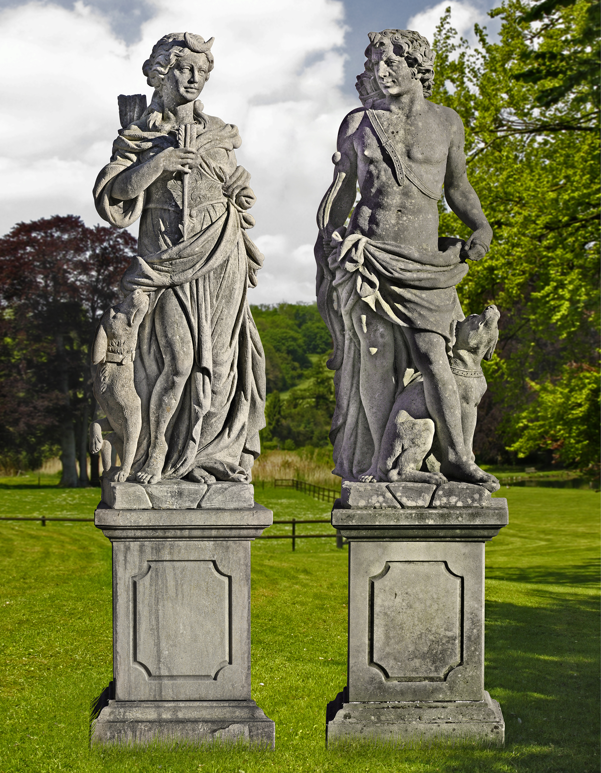 A PAIR OF SCULPTED LIMESTONE GARDEN FIGURES OF APOLLO AND DIANA, SECOND HALF 20TH CENTURY