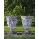 A PAIR OF LARGE COMPOSITION STONE GARDEN URNS, LATE 20TH CENTURY