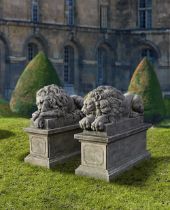 A PAIR OF SCULPTED LIMESTONE MODELS OF RECUMBENT LIONS, SECOND HALF 20TH CENTURY, AFTER ANTONIO CAN