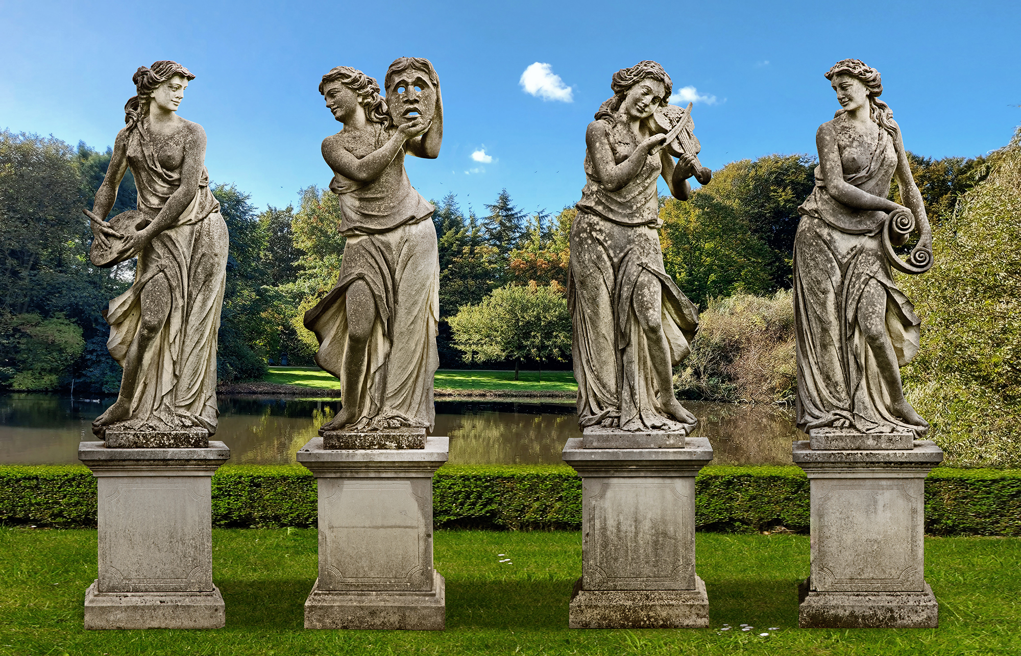 A SET OF FOUR SCULPTED LIMESTONE MODELS OF MAIDENS REPRESENTATIVE OF THE ARTS, SECOND HALF 20TH CENT - Image 2 of 2