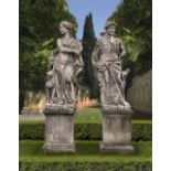 A PAIR OF SCULPTED LIMESTONE LIFESIZE FIGURES OF APOLLO AND DIANA, SECOND HALF 20TH CENTURY