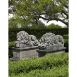 A PAIR OF SCULPTED LIMESTONE MODELS OF RECUMBENT LIONS, SECOND HALF 20TH CENTURY, AFTER ANTONIO CANO