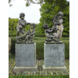 A PAIR OF SCULPTED LIMESTONE FIGURAL GROUPS OF PUTTI, LATE 19TH CENTURY