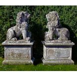 A PAIR OF SCULPTED LIMESTONE MODELS OF LIONS ON PEDESTALS, SECOND HALF 20TH CENTURY