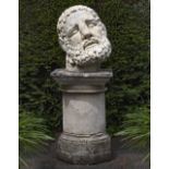 A COLOSSAL SCULPTED WHITE MARBLE MODEL OF THE HEAD OF HERCULES, 20TH CENTURY