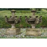 A PAIR OF LARGE EDWARDIAN CARVED LIMESTONE URN FINIALS, EARLY 20TH CENTURY