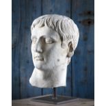 A GRAND TOUR SCULPTED WHITE MARBLE HEAD OF JULIUS CAESAR AUGUSTUS, 19TH CENTURY, AFTER THE MANNER OF