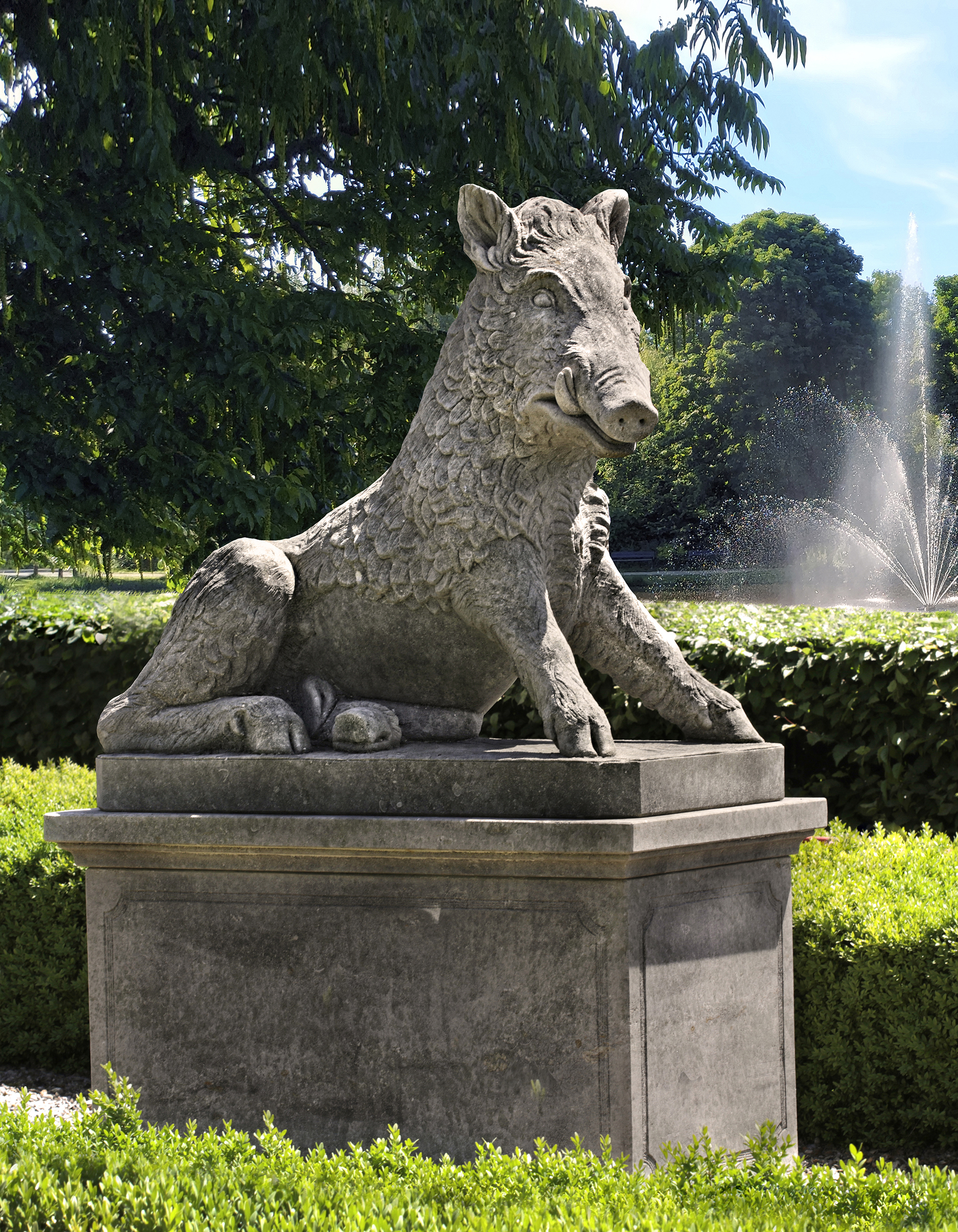 A SCULPTED LIMESTONE MODEL OF THE CALYDONIAN WILD BOAR, SECOND HALF 20TH CENTURY, AFTER THE ANTIQUE