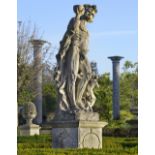 A MONUMENTAL AND IMPRESSIVE ITALIAN SCULPTED LIMESTONE GROUP OF BACCHUS WITH A SATYR, FIRST QUARTER