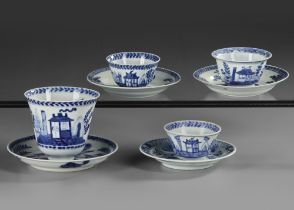 FOUR CHINESE BLUE AND WHITE 'CUCKOO IN THE HOUSE' CUPS AND SAUCERS, 18TH CENTURY
