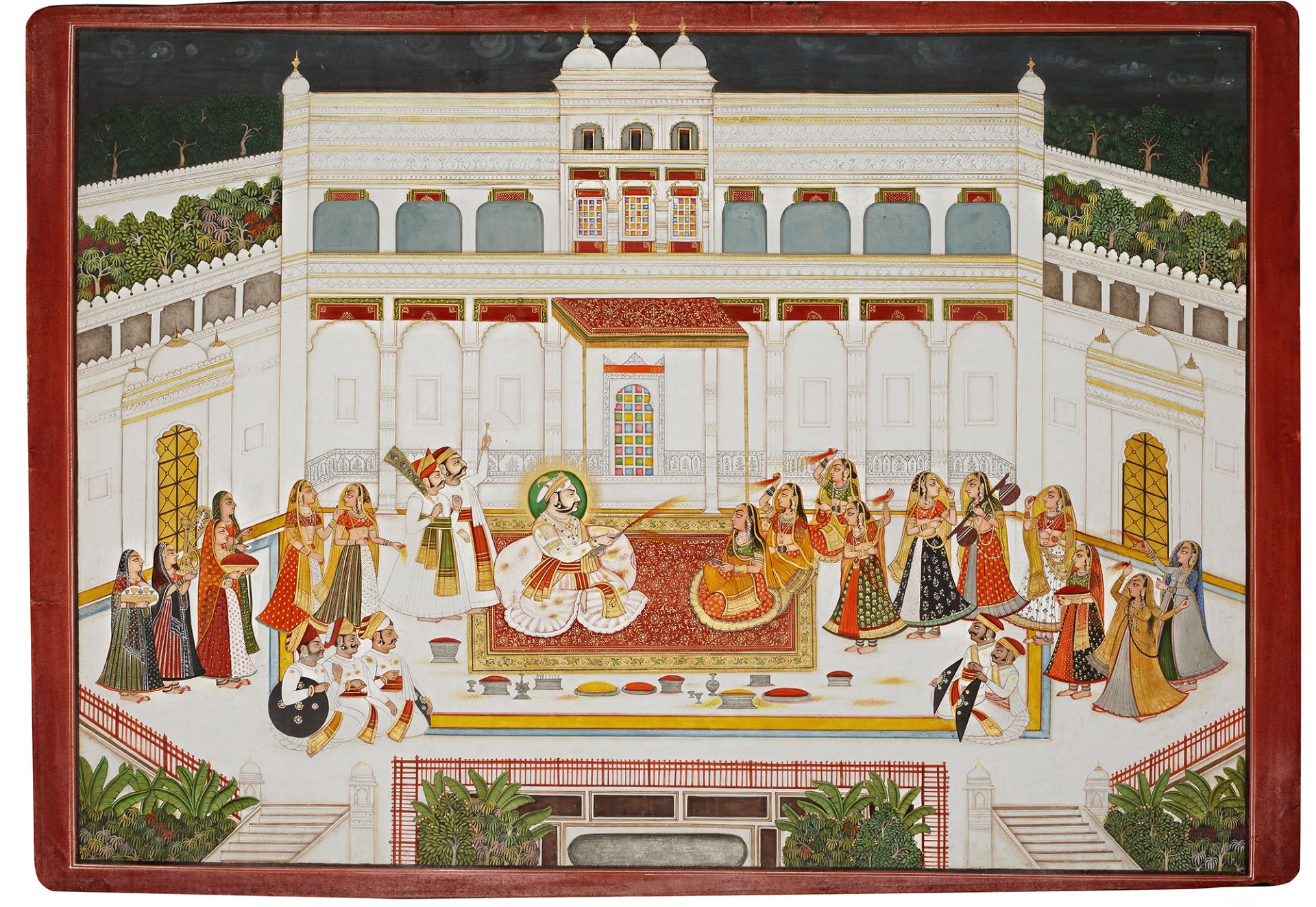 A LARGE FORMAT PAINTING OF MAHARAJA JAGAT SINGH PLAYING HOLI UDAIPUR, MEWAR, NORTH INDIA, CIRCA 19TH - Bild 2 aus 4