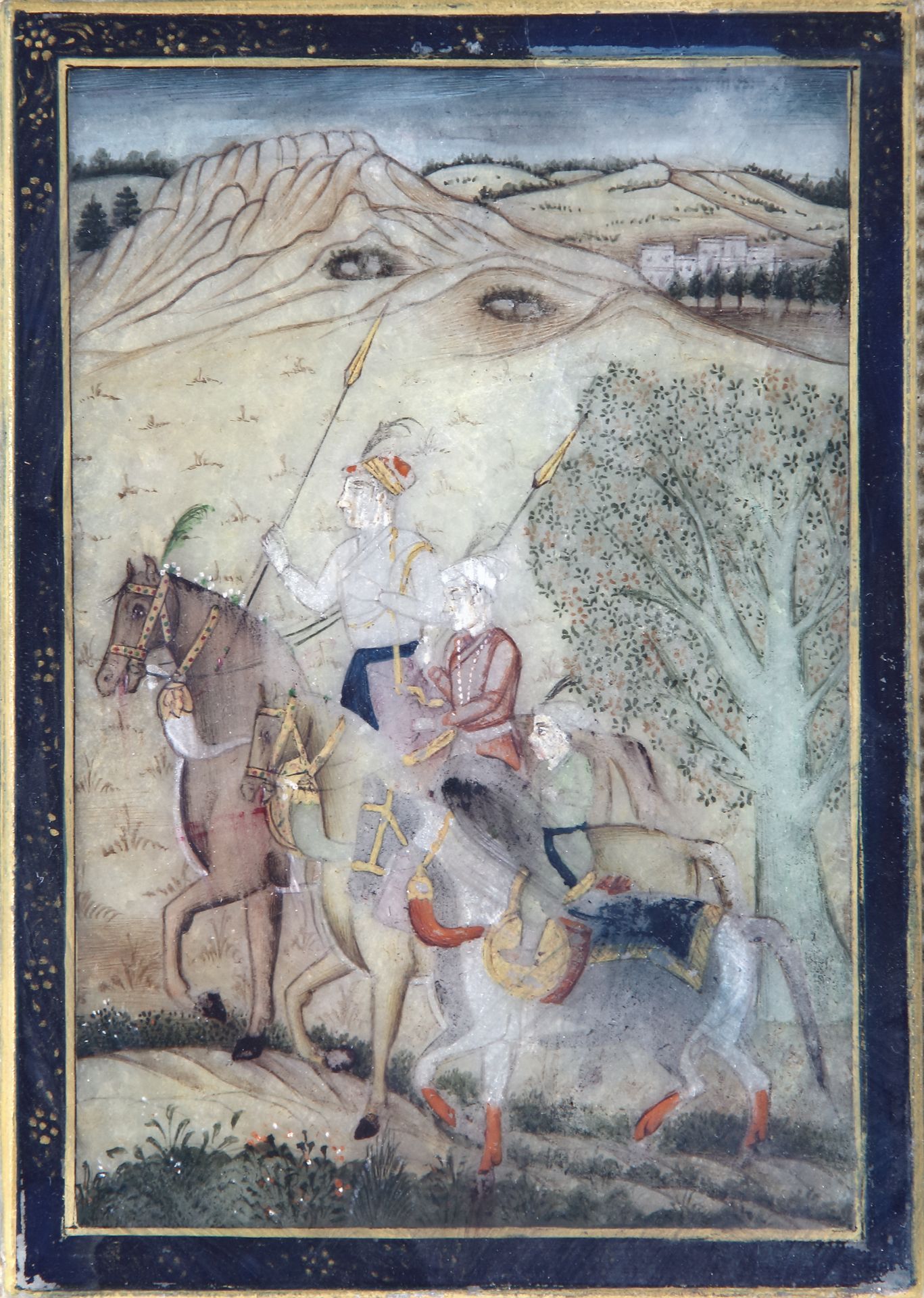 THE THREE YOUNGER SONS OF SHAH JAHAN SHAH, AURANGZEB AND MURAD BAKHSH HAWKING IN A LANDSCAPE, MUGHAL - Image 2 of 2