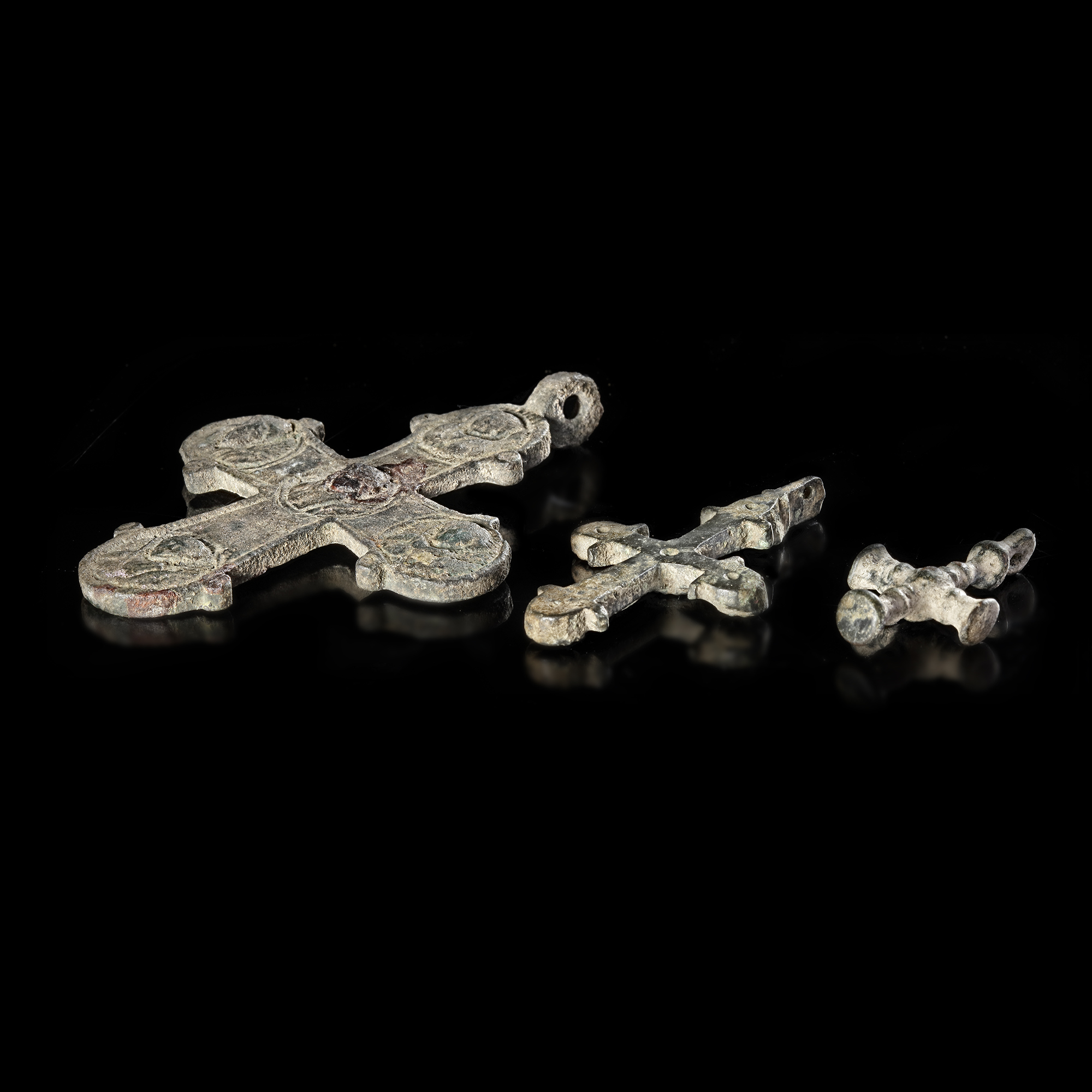 THREE BYZANTINE BRONZE PECTORAL CROSSES, 6TH-8TH CENTURY AD - Image 3 of 3