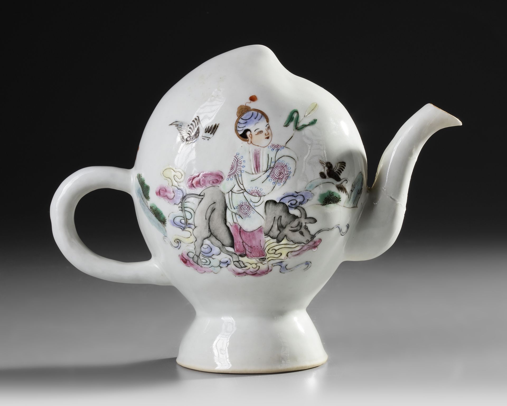 A CHINESE FAMILLE ROSE 'COWHERD AND WEAVER GIRL' CADOGAN TEAPOT, 19TH-20TH CENTURY