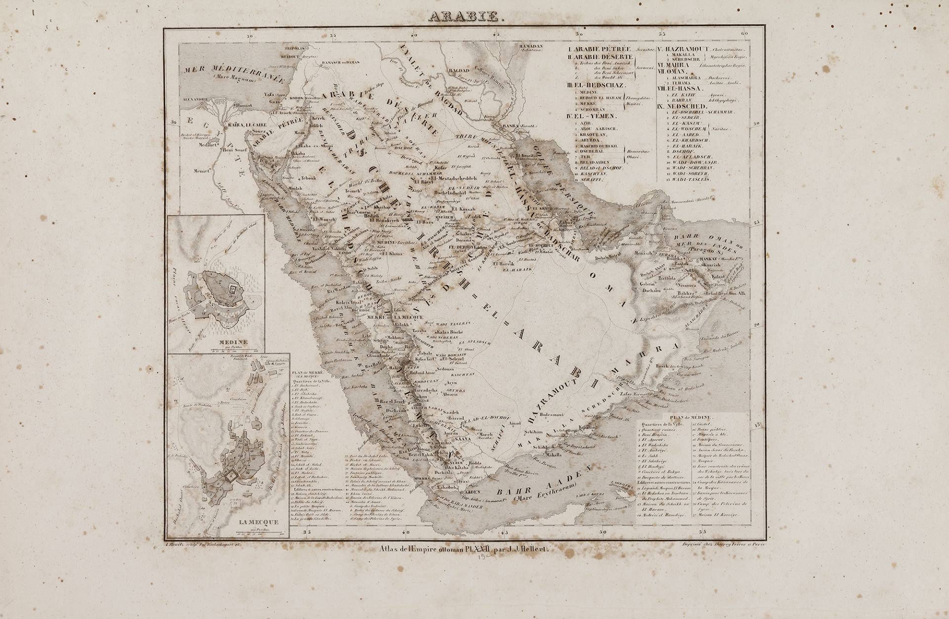 A RARE NON COLORED PRINTED FRENCH MAP OF THE ARABIC WORLD DURING THE OTTOMAN EMPIRE (ARABIA PENINSUL