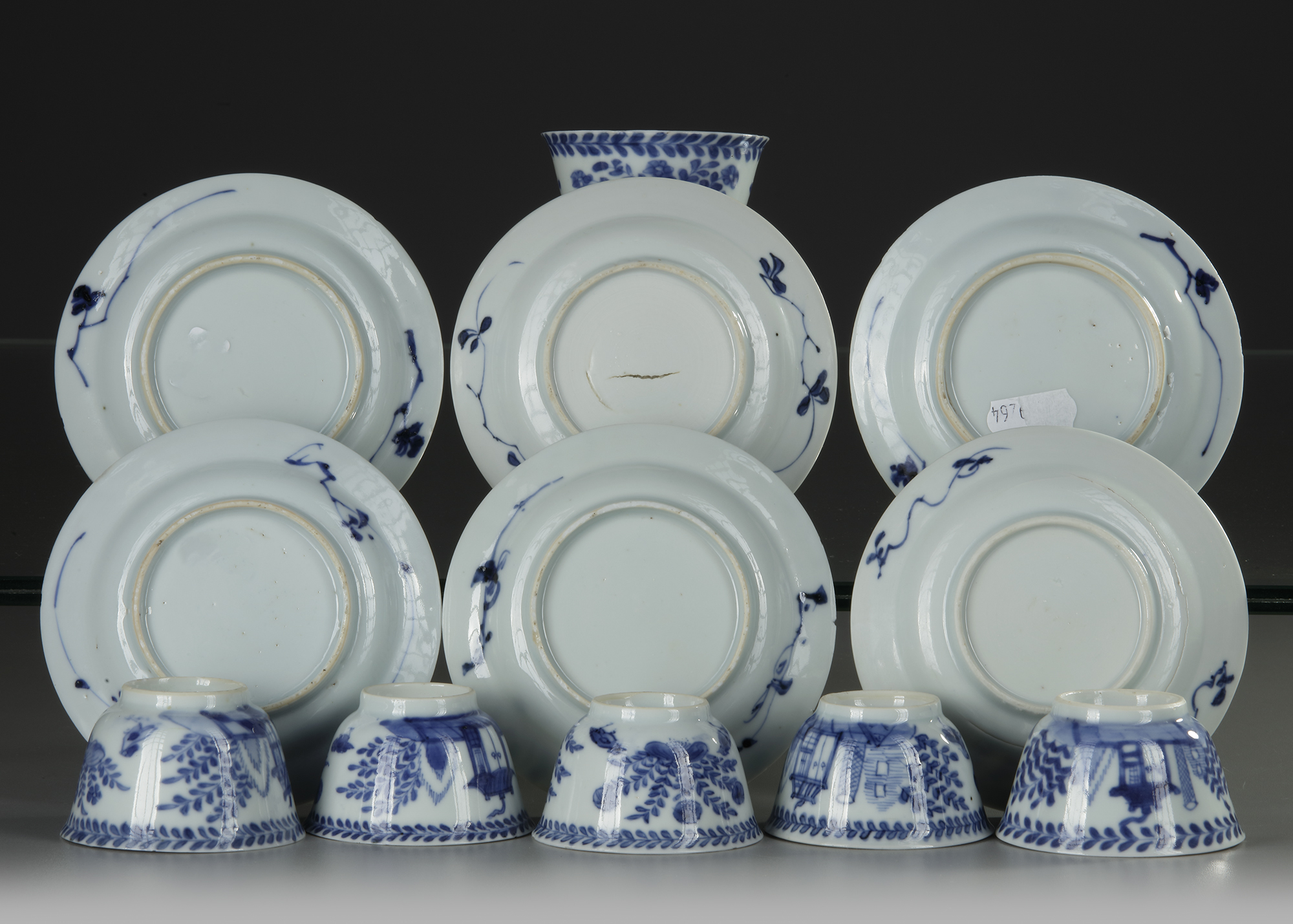 SIX CHINESE BLUE AND WHITE 'CUCKOO IN THE HOUSE' CUPS AND SAUCERS, 18TH CENTURY - Image 4 of 4