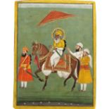 MAHARAJA ALA SINGH, THE RAJAH OF PATIALA (B. 1691-D.1765), SEATED ON A HORSE, GOUACHE HEIGHTENED WIT